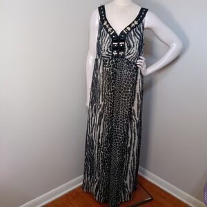 Gorgeous! CATO Animal Print Maxi Dress plus Sz 16w Black Gold Beaded Neckline
